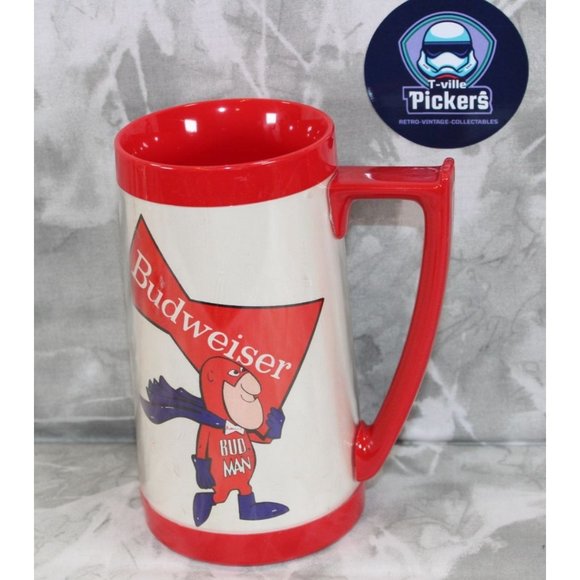 Vintage 70s USA Made Thermo-Serv Budweiser Bud Man Carrying Budweiser Beer Mug S - Picture 3 of 5